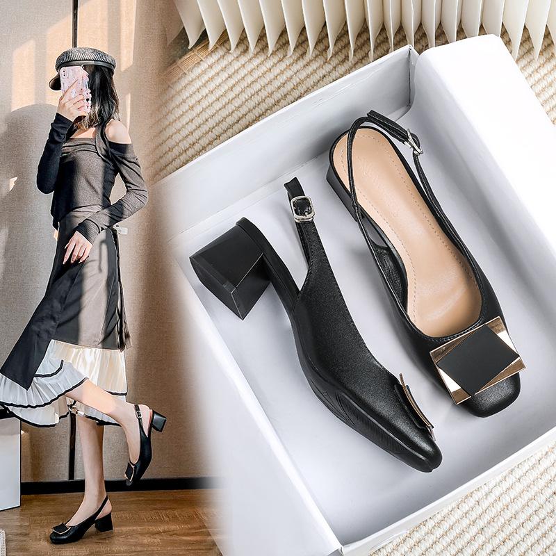 

Туфли на толстом каблуке из мягкой кожи, сумка-голова, женские новые универсальные с открытой пяткой, большого размера 43 чёрный