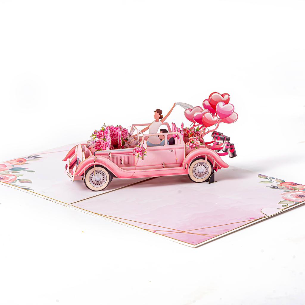 Valentinstag Hochzeitsauto Ballon Blume Paar Pop-up Karte, Romantische 3D Grußkarte für Paare