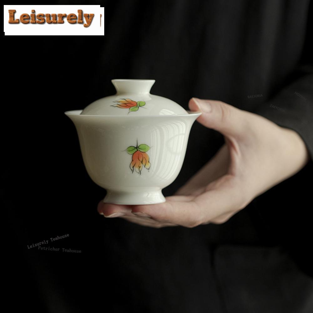 HOYIHM 111ml Imitation Song Dynasty High Foot Gaiwan Hand Drawn Finger Citron Flower  Tea Tureen Tea Maker Cover Bowl Tea Items