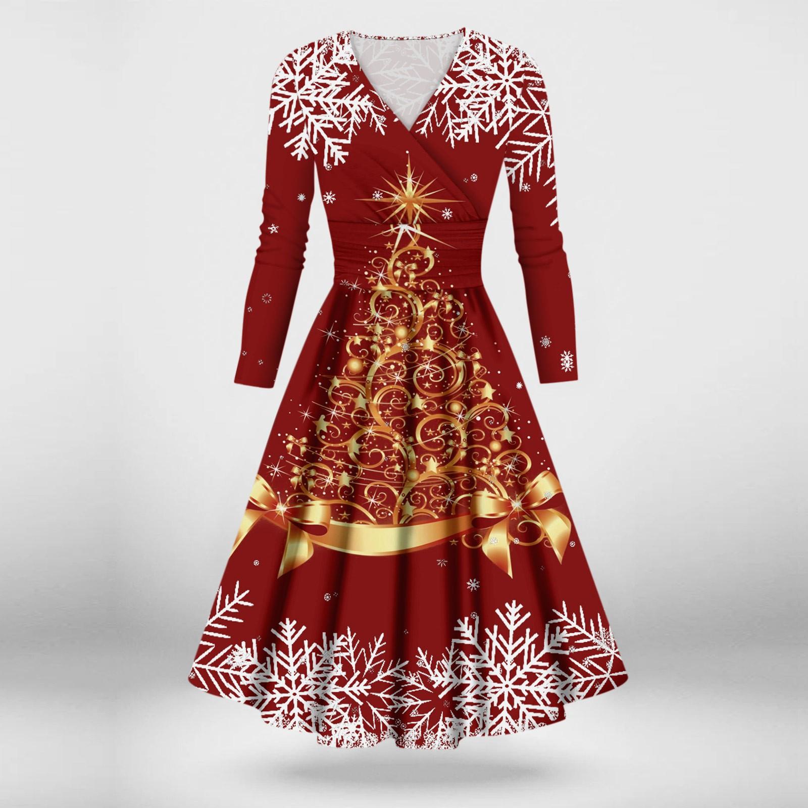 

Женское повседневное и модное сексуальное платье с v-образным вырезом и длинными рукавами с рождественским принтом XXXXXL винный