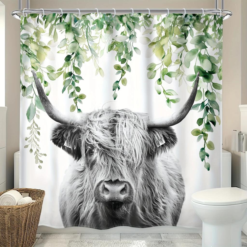 Highland Cow Shower Curtain Farmhouse Rustic Funny Bull Eucalyptus Leaves Plants Western Country Artwork Cloth Fabric Wterproo