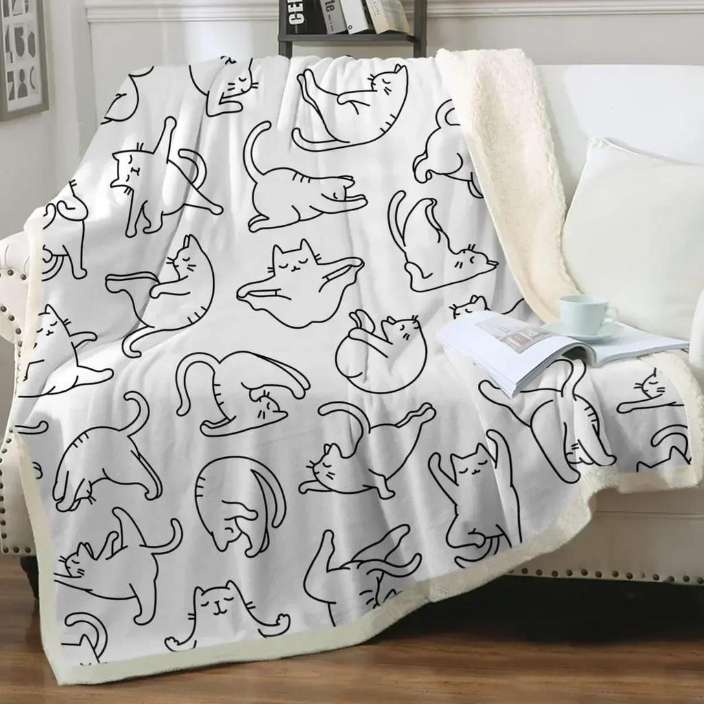 Grey and White Cats Blanket Plush Sherpa Flannel Throw Blankets for Couch Sofa Super Soft Blanket Bedroom TV Throw Blanket Full