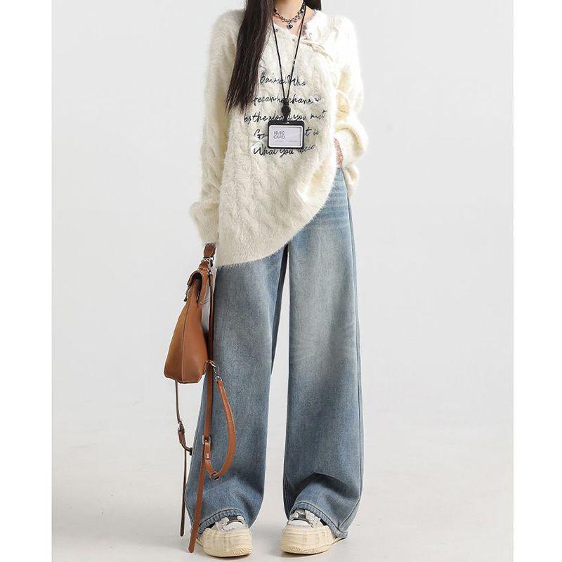 

Velvet-Lined High-Waisted Wide-Leg Jeans for Women - Winter Slimming, Lazy Style, Floor-Length, Versatile. 2XL