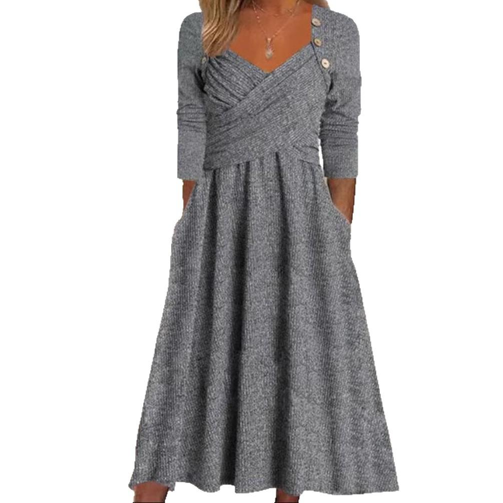 Autumn And Winter New Solid Color Fashion V-Neck Long-Sleeved Dress European And American Women'S Dress
