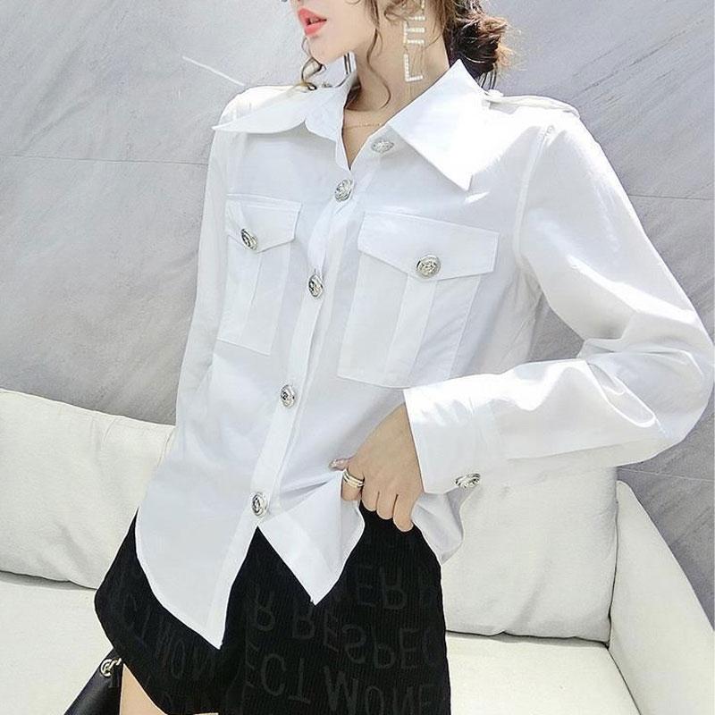 Spring Autumn Turn-down Collar Shirt Women's Clothing Commute Pockets Spliced Stylish Solid Color Single-breasted Basic Blouse