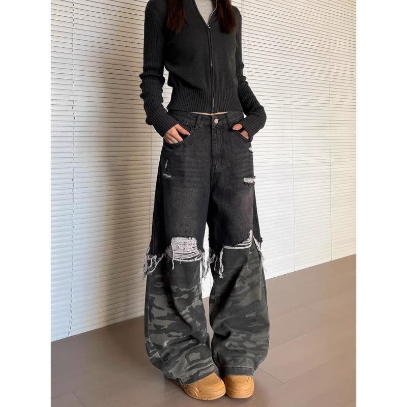 

JYL Unisex Wide-Leg Jeans American Camo Patch Fake Two-Piece High-Street Casual Denim XL амарантовий