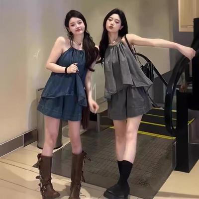 Women's Casual Imitation Denim Two-Piece: One-Shoulder Top and Wide-Leg Pants.