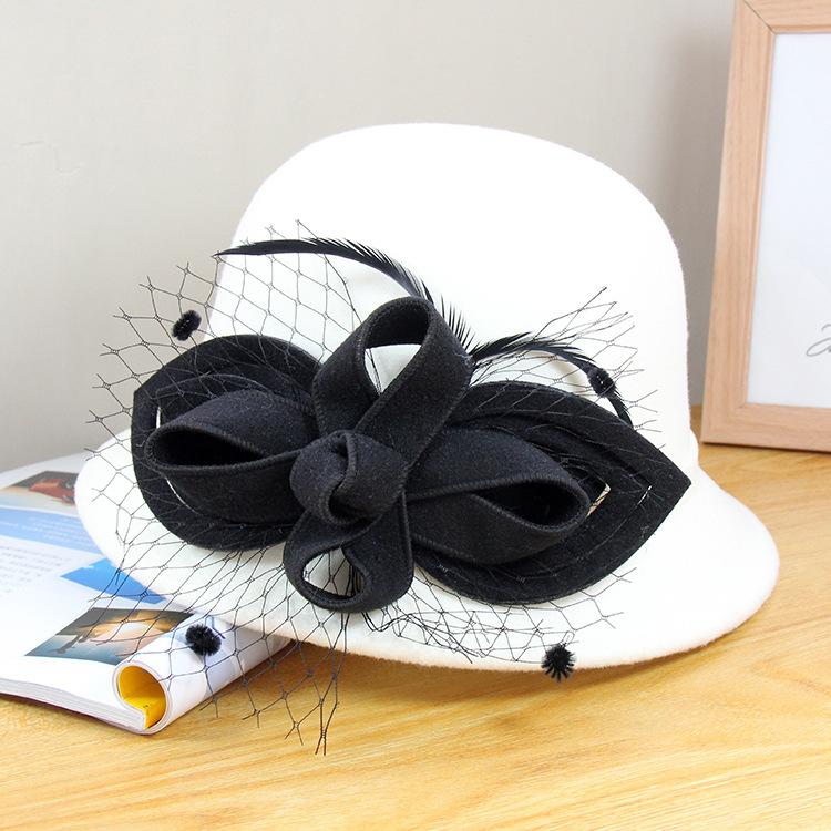 

New Bucket Hat Women S Autumn Elegant Mesh Flower Woolen Top Hat Versatile British Retro Dome Hat Adjustable
