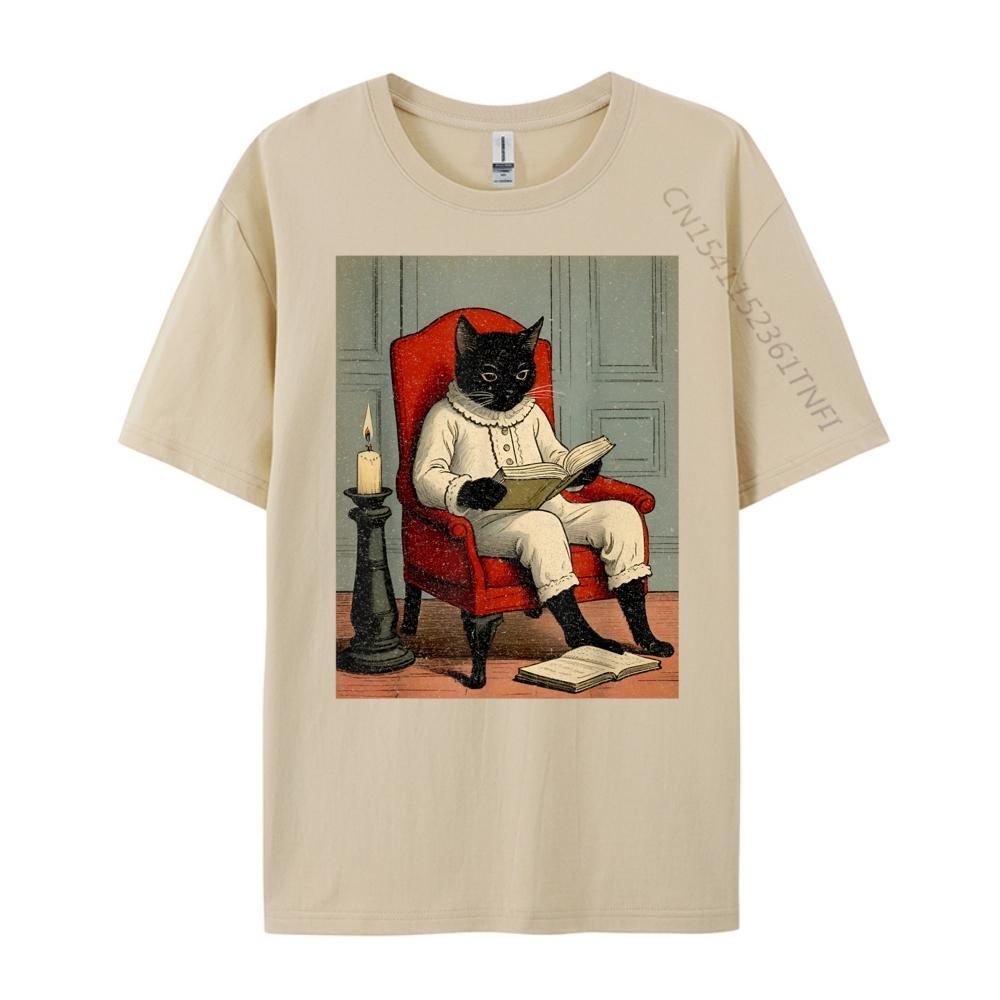 Funny Black Cat Reading A Book Fall Clothes Aesthetic Men's T-Shirts Loose
