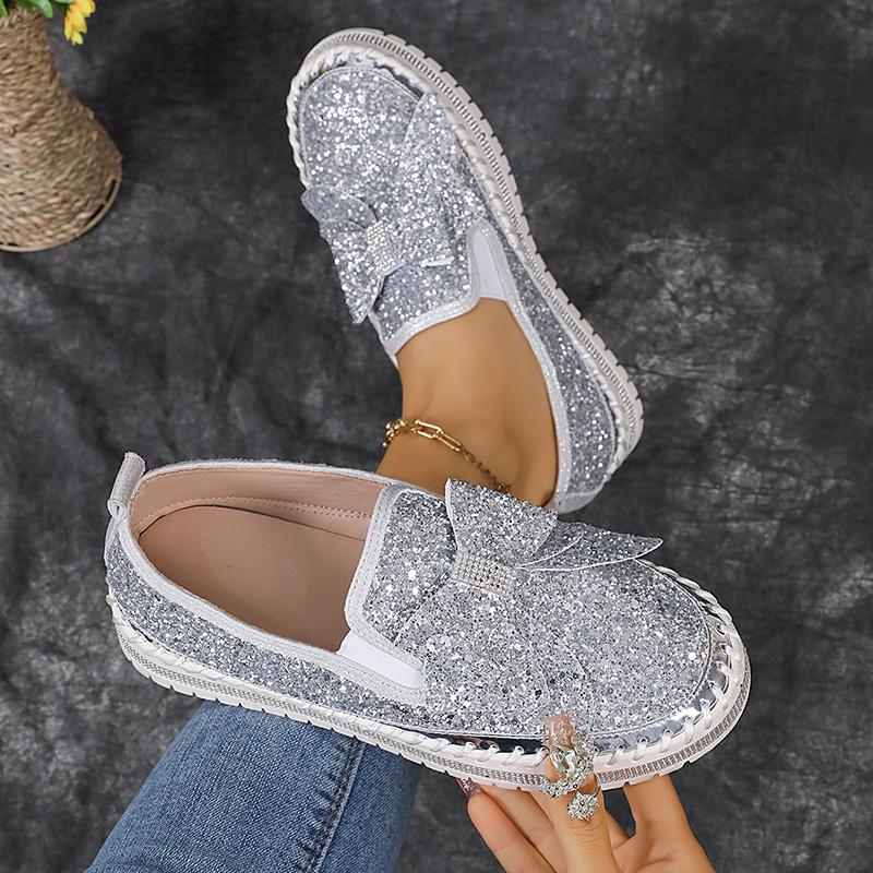 Fashion Women's Gold Silver Bowtie Sequin Flats Shiny Crystal Thick Sole Platform Loafers Ladies Light Comfort Non Slip Casual Shoes