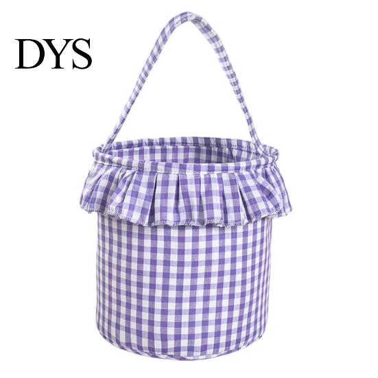 Versatile Household Storage Halloween Basket, Plaid Ruffle Trick or Treat Candy Bucket with Handle Easter Egg Hunt Carriers for Kids, Reusable Gingham