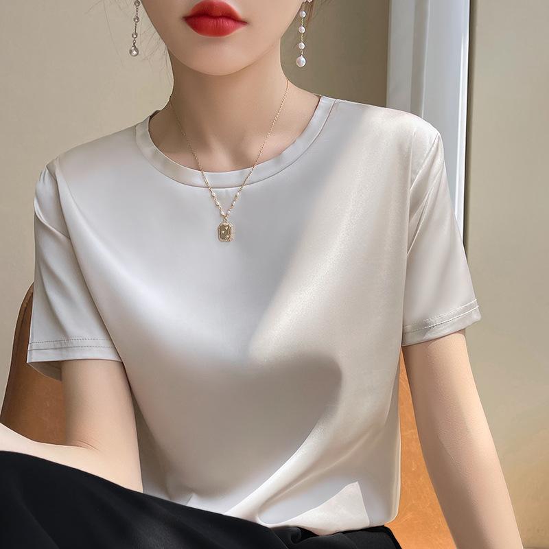 

Ацетатный сатин Круглый вырез Короткие рукава для женщин Летом Новая мода и Универсальный Имитация шелка Рукава до локтя Освежающий и Удобный Топ 3XL