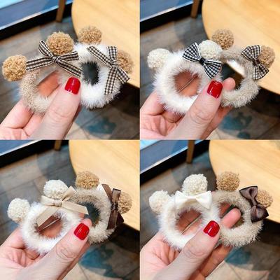 1pc Cute Kids Peluche Fasce per capelli Pompon Orso Arco Plaid Corda per capelli per ragazze Anello elastico per capelli Copricapi Accessori per capelli per bambini