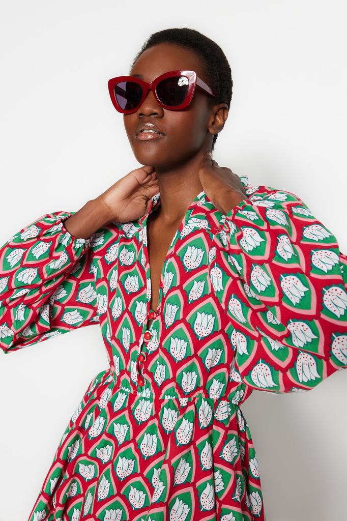 Women's Dress New Season Fashion Geometric Patterned Mini Woven Balloon Sleeve 100% Cotton Beach Dress