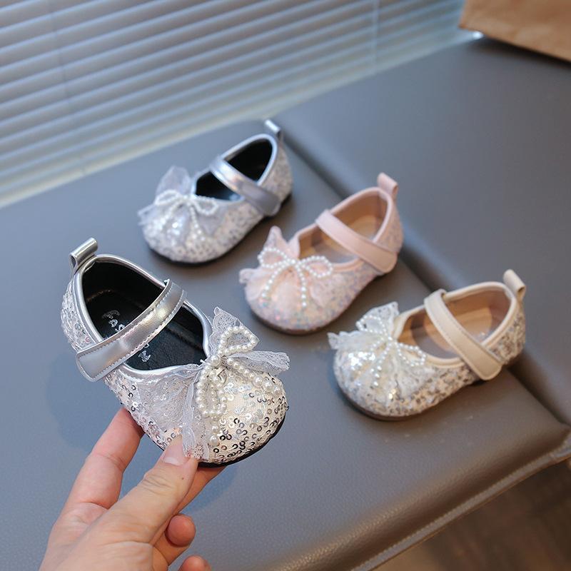 Girls Leather Shoes Pearl Bow Princess Shoes Baby Girl Shining One Year Old with Dress One Year Old 3 Baby Toddler Shoes