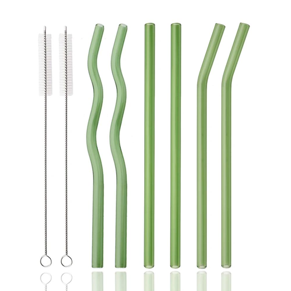 8Pcs 200*8mm Glass Straws Wavy Pink Drinking Straw Set with Brush High Borosilicate Glass Straw Kitchen Party Bar Drinkware