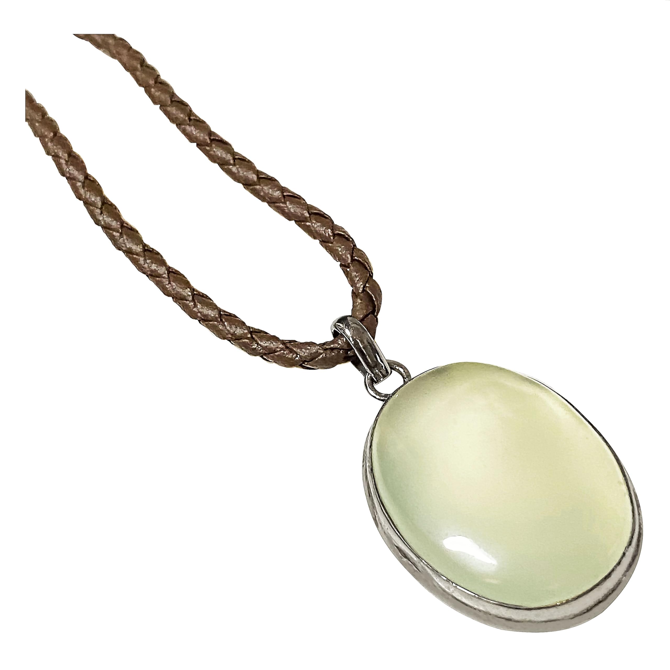 Blue Chalcedony SILVER925 Pendant Necklace, Genuine Leather, 60cm, Natural Stone, Large Oval Pendant Necklace