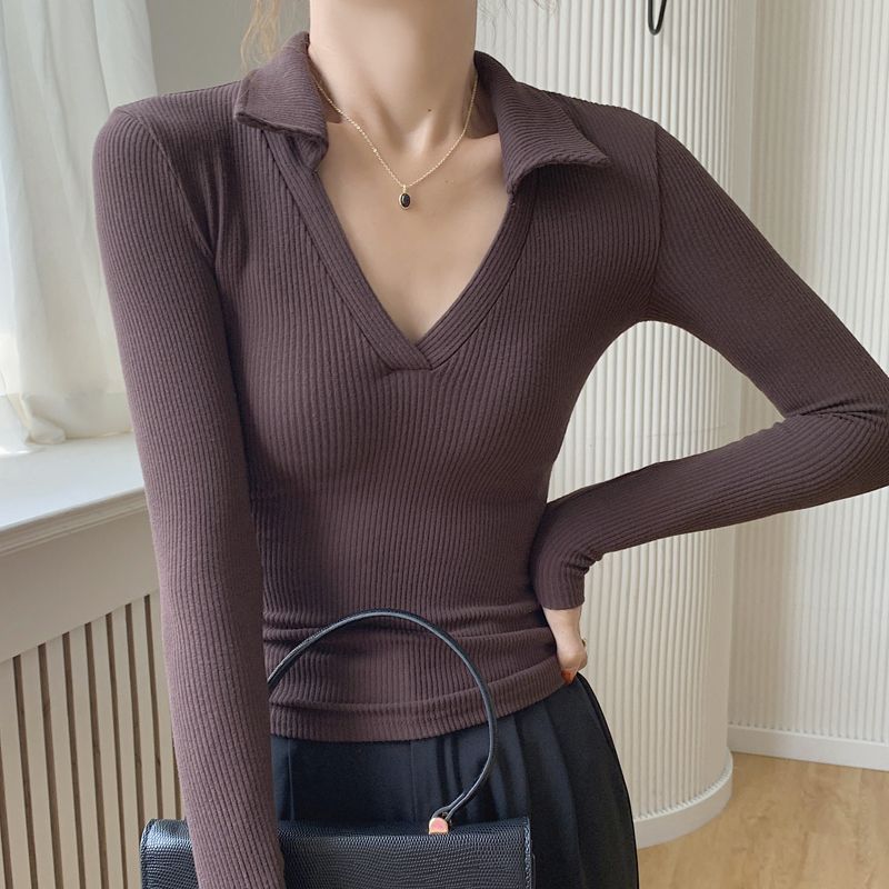 

Fashion V Neck Stretch Silm Retro Long Sleeves Polo Shirt Coffee S