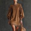 Spot  New Amazon Independent Station Round Neck Tassel Loose Lantern Sleeve Long Sleeve Solid Color Dress Short Skirt