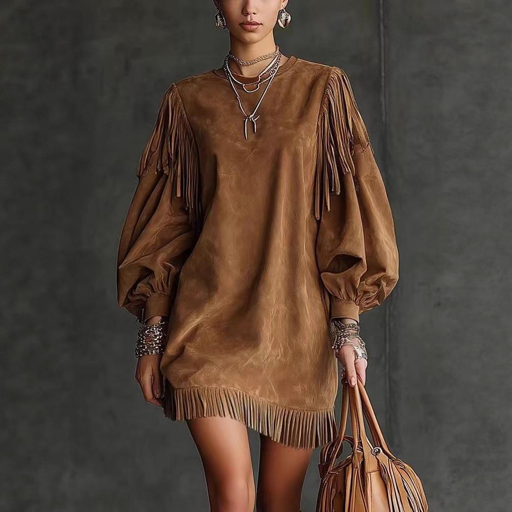 Spot  New Amazon Independent Station Round Neck Tassel Loose Lantern Sleeve Long Sleeve Solid Color Dress Short Skirt