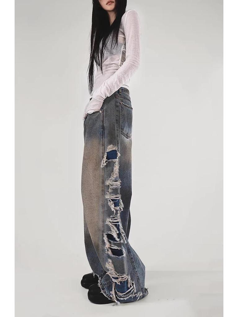 Trendy Korean Tassel Ripped Jeans: Washed, Punk Style, Straight-Leg, Draping Long Pants for Teenagers