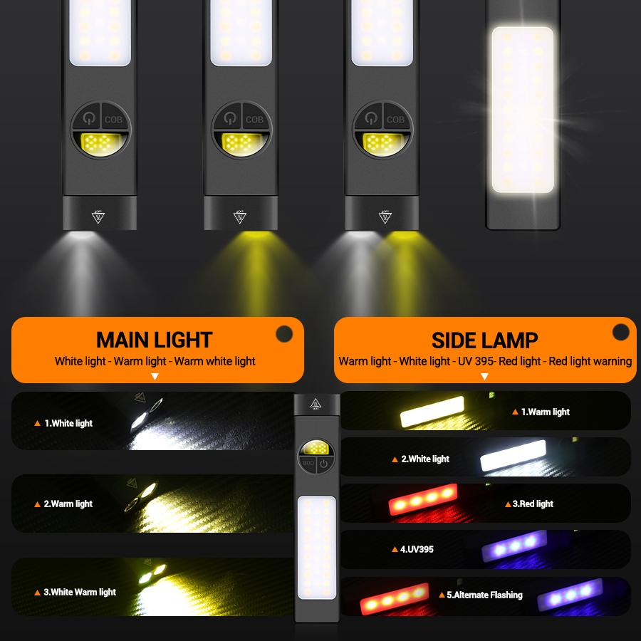 Portable EDC Tactical Flashlight 400LM USB Rechargeable Torch with Warning Led Emergency Magnetic Work Light for Camping Hiking