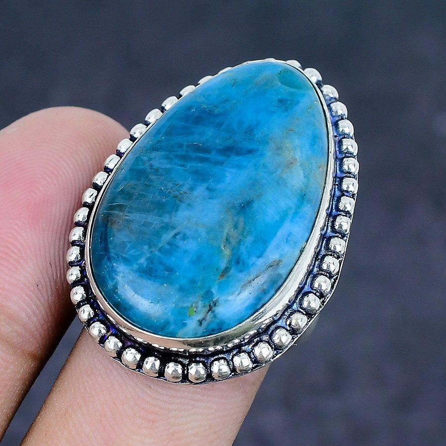 Natural Neon Blue Apatite Gemstone 925 Sterling Silver Jewelry Ring Size 8 m0Y32