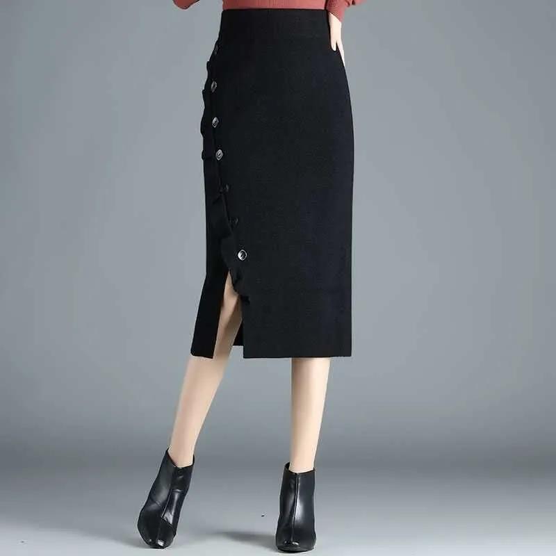 Knitted Skirt Women's Autumn Winter Skirt Winter with Sweater Wooden Ears Hip Single-breasted Skirt