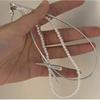 Y2k Cyberpunk Silver Color Leather Bowknot Choker Imitation Pearls Beading Double-layer Collar Necklace for Women Jewelry Gifts