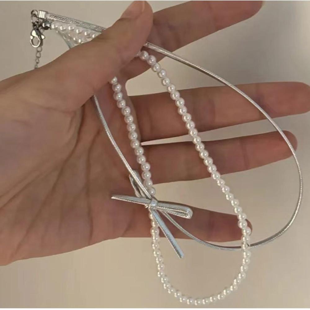 Y2k Cyberpunk Silver Color Leather Bowknot Choker Imitation Pearls Beading Double-layer Collar Necklace for Women Jewelry Gifts