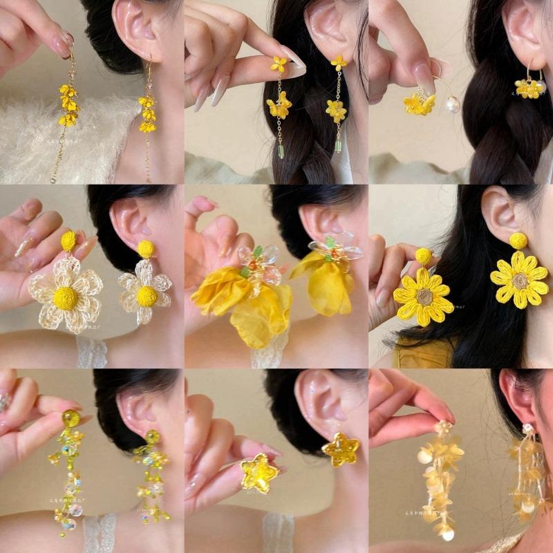 Golden Autumn Dangui Long Tassel Flower Mori Sweet Niche Design Earrings Ear Hooks Mosquito Coil Disc Ear Clips Women