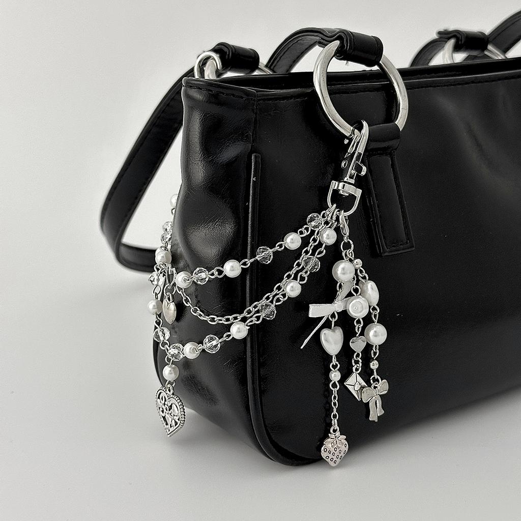 Sweet And Cool Imitation Pearl Beaded Bag Pendant, Creative Love Bow Fringed Bag Chain Pendant