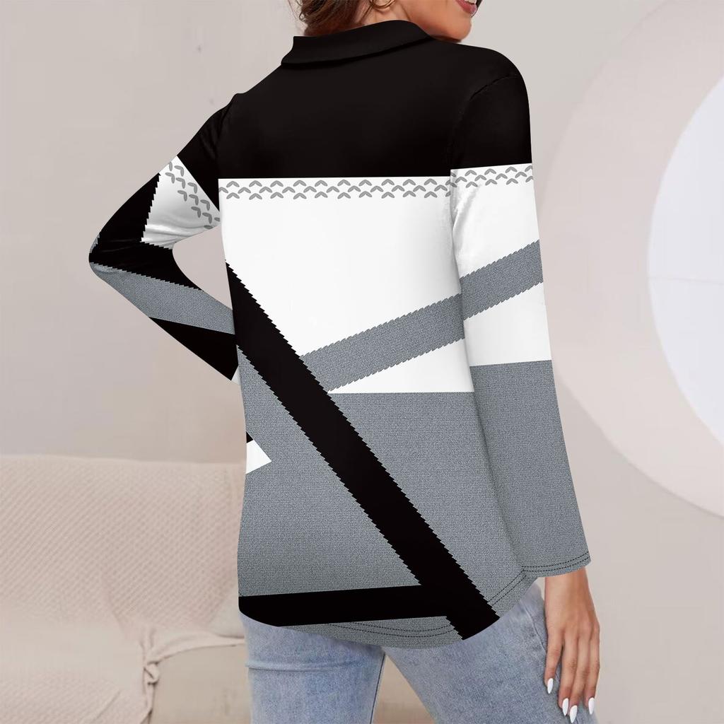 Damen Frühling und Herbst Mode Casual Printed Zipper V-Ausschnitt Langarm Shirt Tops