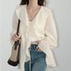 Women Shirt Loose Casual Ruffled Edges Female Blouses V Neck Lace Up Mid Length Woman Shirts Spring Summer