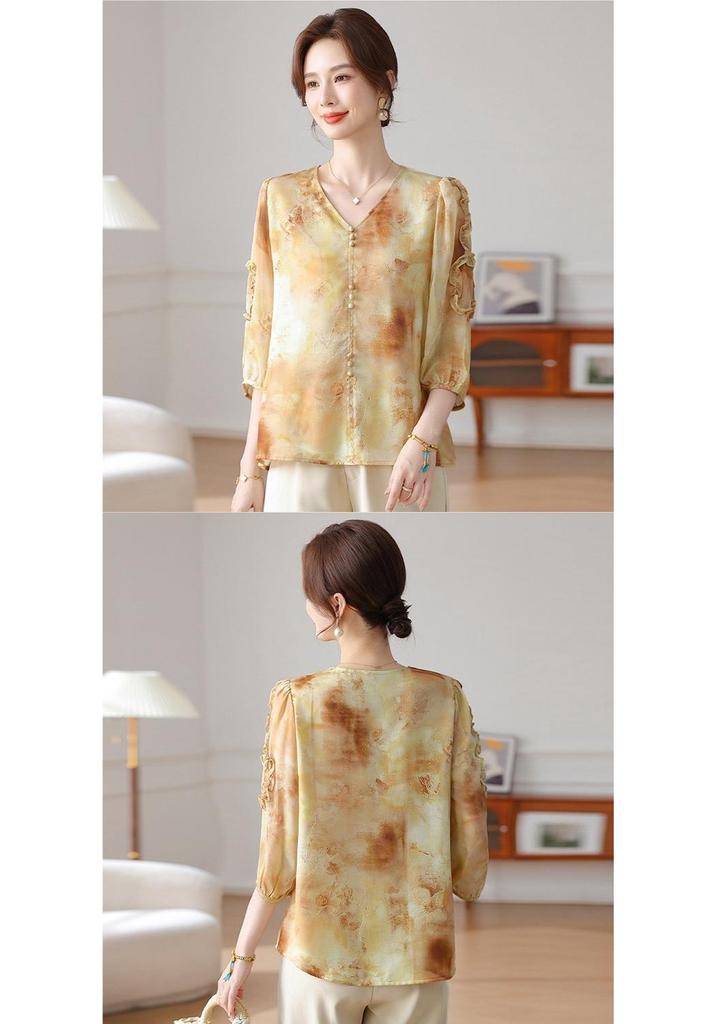 2026 New Chinese Style Spring/Summer Seven-Sleeve Chiffon Top for Middle-Aged and Elderly Women