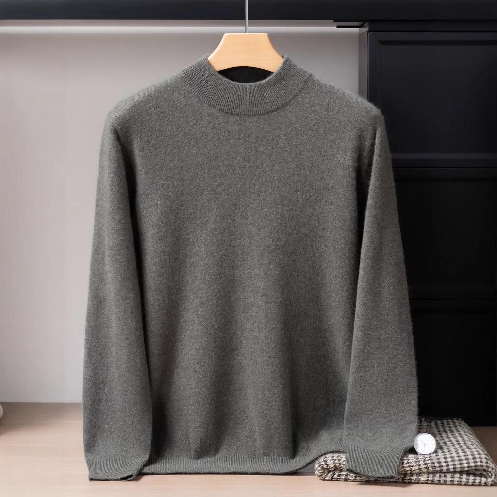 Men's 12-Gauge Double-Layer Half-High Collar 100% Cashmere Sweater, Long-Sleeved, Versatile, Business Casual, Warm Knitted Base Layer