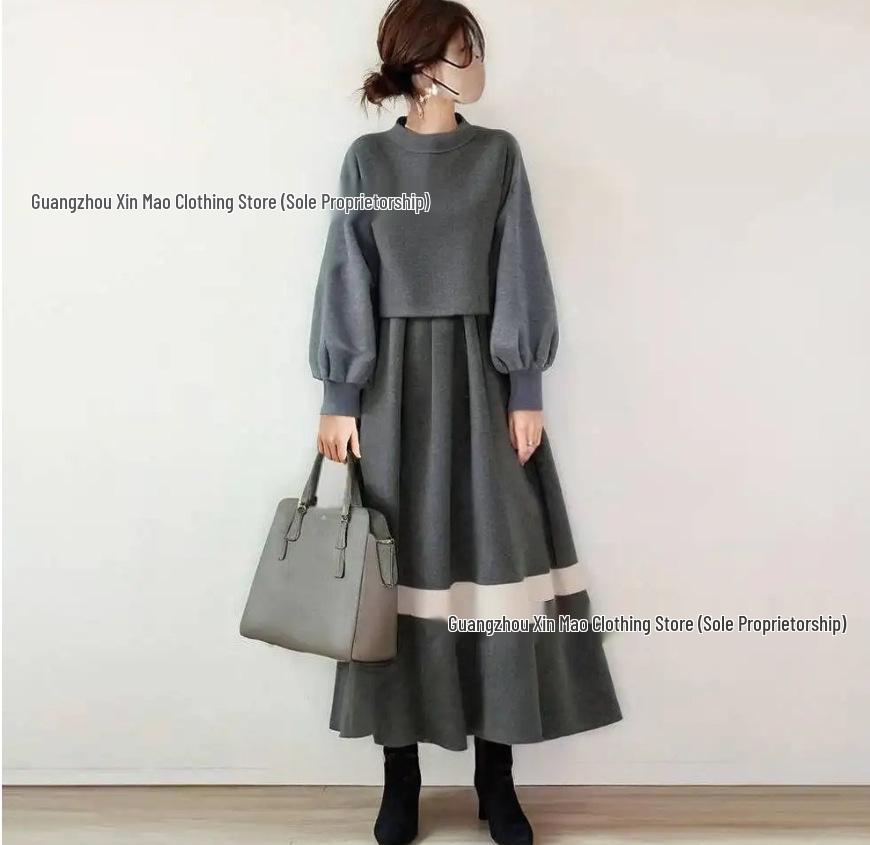 

2025 Korean Style Women s Color Block Long Sleeve Dress for Autumn/Winter Medium серый