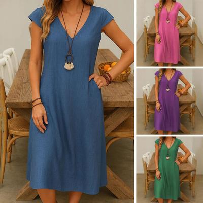 Women's Summer Cotton Linen Midi Dress V-Neck Short Sleeve Dress with Pockets Casual Beach A-Line Sundress