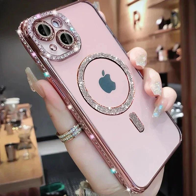 New Fashion Glitter Diamond Transparent Case for IPhone 16E 15 14 13 11 12 Pro Max 16 Plus Magnetic Wireless Charge Bumper Cover