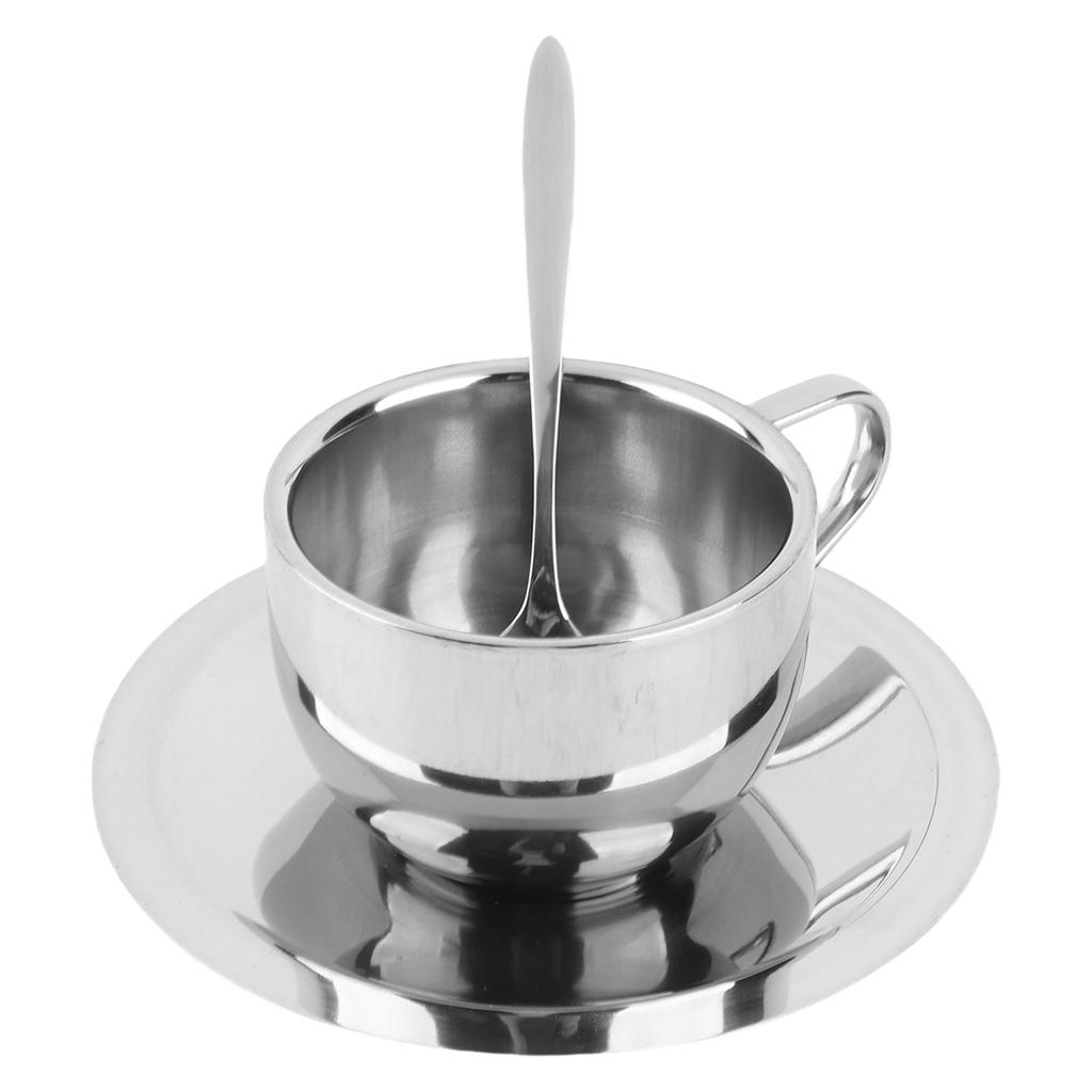 Anti‑Scald Stainless Steel Coffee Cup Mugs Cups with Spoon Saucer Set Tableware