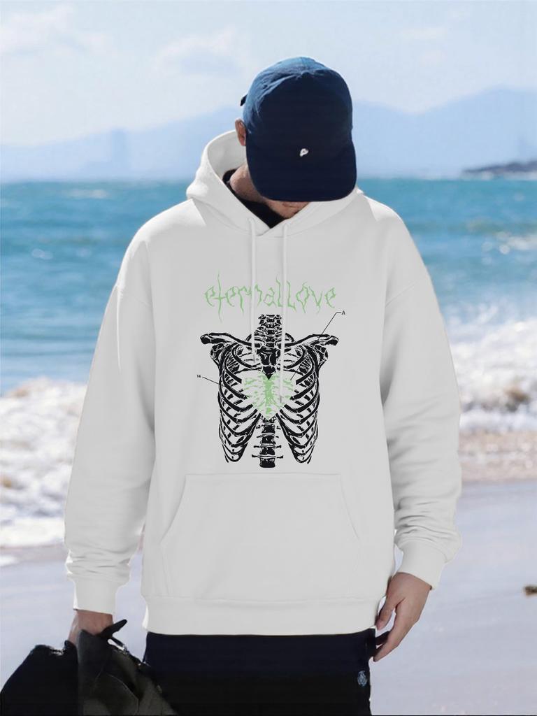 Love Heart Skeleton Print Men Hoody Comfortable Loose Hoodies All-Match Pocket Man Pullovers Fleece Autumn Unisex Sportswear
