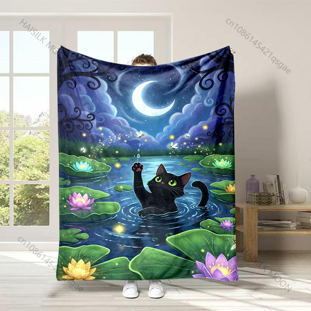 

1PC Cat in moonlit pond Print Adult Children Warm Blankets Home Travel Car Soft and Comfortable Suitable for all seasons 75x100cm