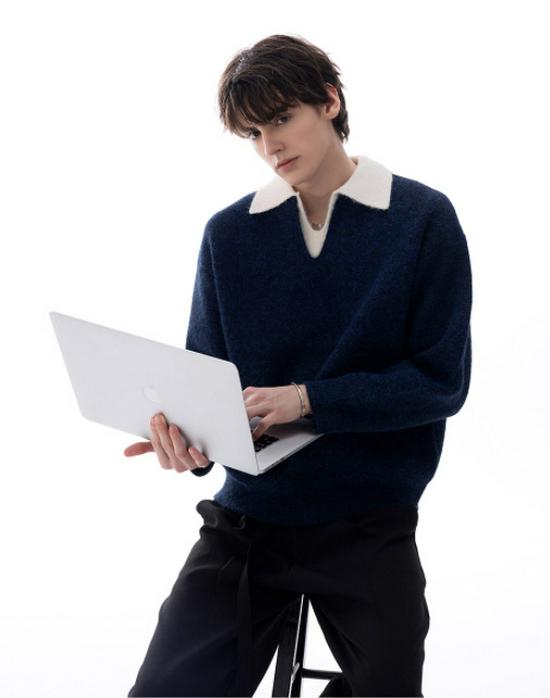 Trendy British-Style Men s Lapel Two-Piece Heavyweight Sweater with Luxury Knitwear L синий