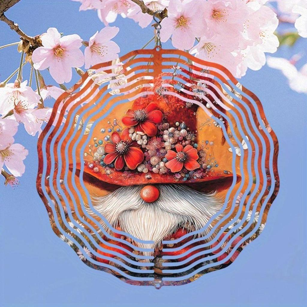 Whimsical Gnome Wind Spinner with Red Hat and Butterfly Flower Cluster Vibrant Metal Garden Decor Dancing Outdoor Hanging Ornament