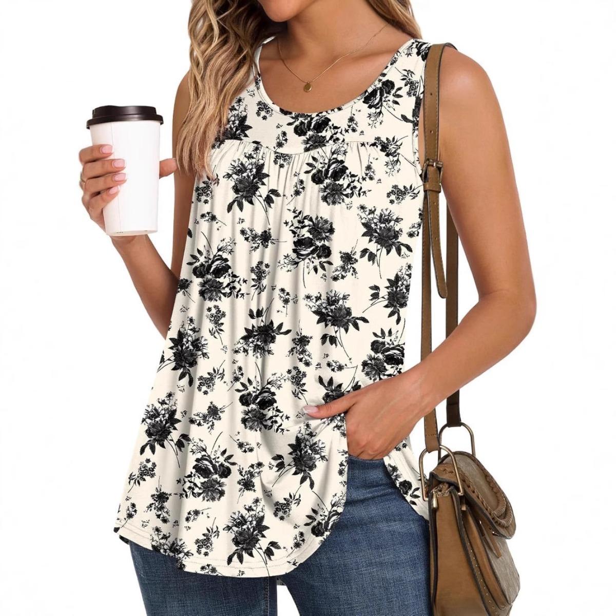 Women s Round Neck Sleeveless Tank Top Loose Fit Elegant Floral Print Casual Blouse S