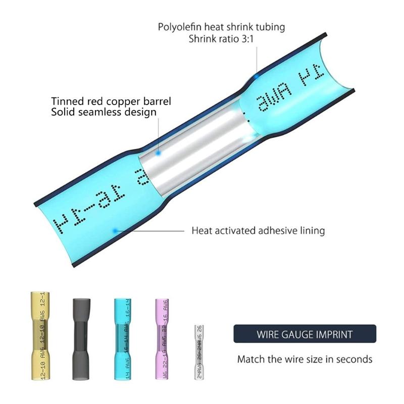 100 Counts Shrinkable Wire Joiners Water Resistant Waterproof Butt Connectors for Home Electrical & Vehicle Repairs