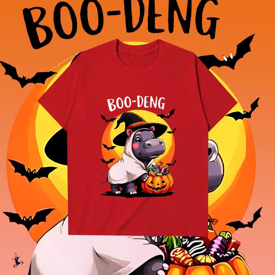 

Футболка с принтом крошечного бегемота Moo Deng Tiny Baby Hippo Star Thailand Cute Pygmy Hippo Unisex для мужчин и женщин, для детей на Хэллоуин, с изображением летучей мыши и тыквы, с коротким рукавом и круглым вырезом 5XL