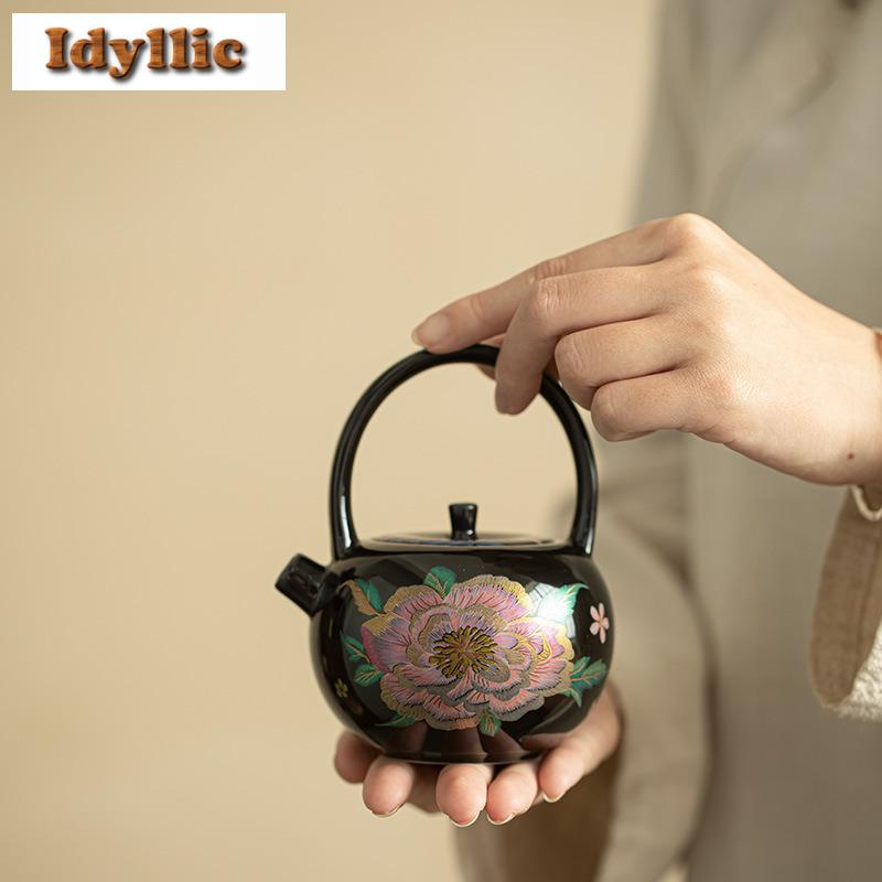 230ml Cloisonné Black Glaze Lifting Handle Teapot Japanese Tea Infuser Pot Tea Brewing Kettle With Strainer Drinkware Ornaments