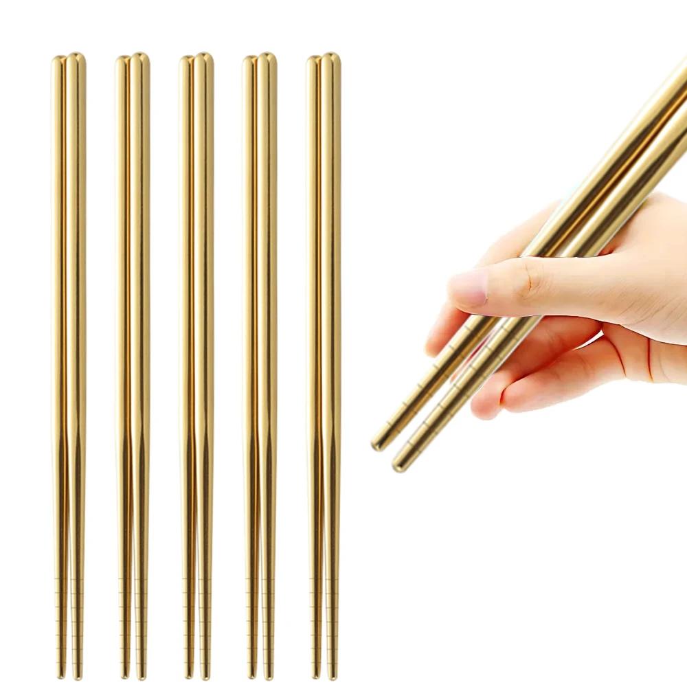 5Pairs Metal Stick Chopsticks Stainless Steel White Gold Non-slip Sushi Korean Japanese Chopstick Reusable Kitchen Tableware