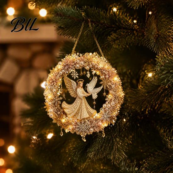 Festive Party Supplies 2Pcs Pearl Diamond Christmas Ornament Set, 2D Acrylic Glitter Hanging Gifts for Family Decor with Ribbon, Tree Pendant Holiday